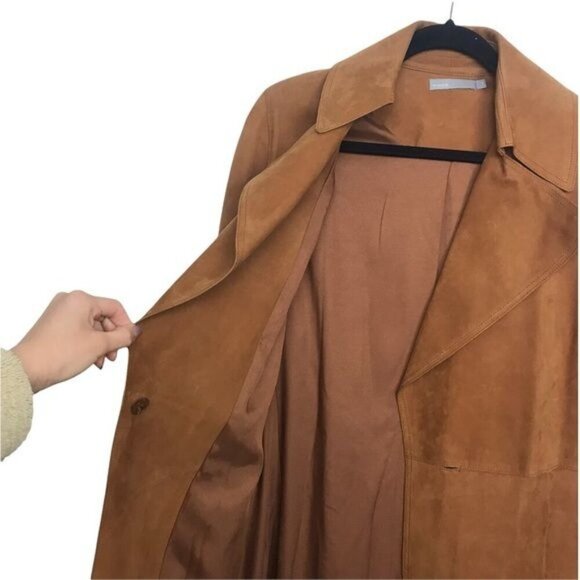 Vince Tan Suede Leather Belted Trench Coat Medium - Picture 10 of 16